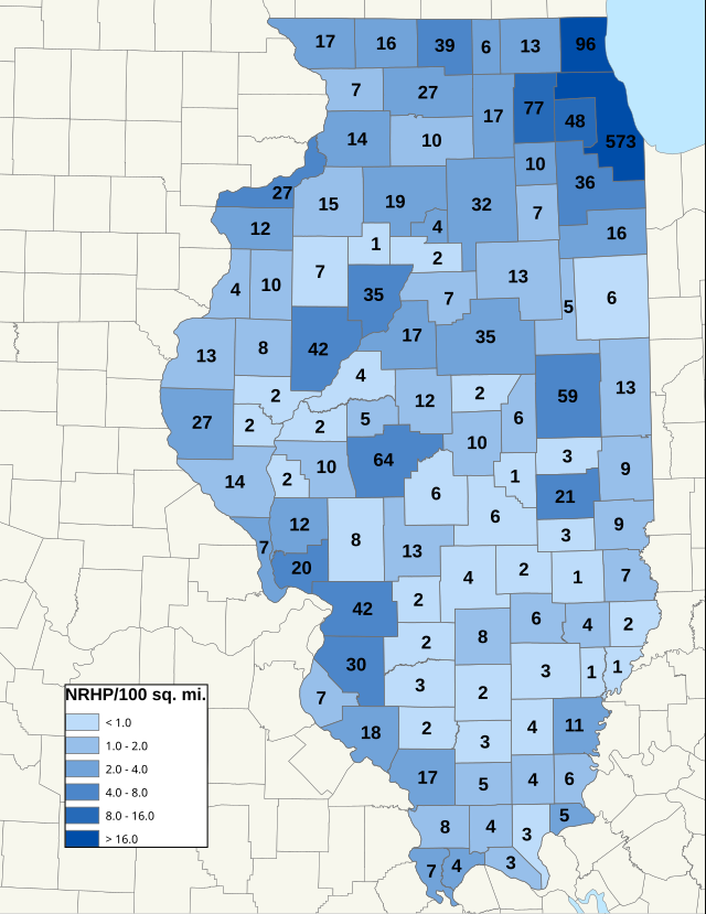 Distribuição de NRHPs nos condados de Illinois.