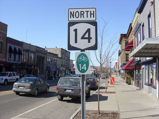 NY 14 northbound in Watkins Glen. This section of the route is also part of New York State Bicycle Route 14.