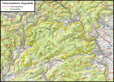 Naturräumliche Karte des Ziegenhellenmassivs; mit im Ausschnitt enthalten sind die „Konkurrenzberge“ Kahler Asten (842 m) im westlichen Norden und Bollerberg (758 m) im Nordosten als Dominanz-Nehmer und -Geber.