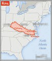 English: Comparison of the areas of two country. The area of Nepal with biggest cities (red) overlay the area of the United States of America (gray background). Українська: Порівняння площ територій двох країн. Територія Непалу з найбільшими містами (червоний колір) спроектована на територію США (сірий колір). Підписи зроблено англійською мовою.