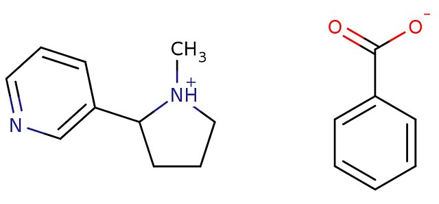 Structure of protonated nicotine (left) and structure of the counterion benzoate (right). This combination is used in some vaping products to increase