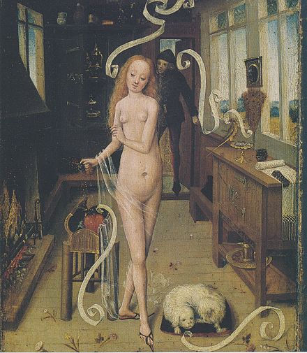 Mulher realizando feitiço do amor, numa pintura do fim da Idade Média.