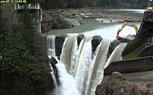 Here five notches can be seen at the Glines Canyon Dam as it was removed in a multi-year process. Notch and release approach at Glines Canyon Dam on Elwha River.jpg