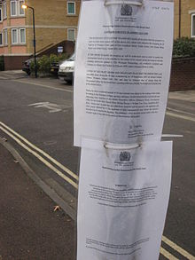 A notice in Oxford made under the Town and Country Planning Act 1990, section 247 to stop up a road. Notice from the Government Office for the South East 20071130.jpg