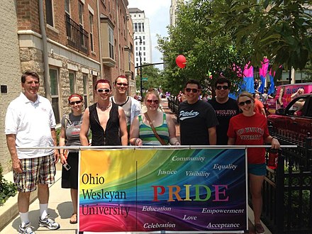 Ohio Wesleyan president with students at the Columbus LGBT Pride Festival 2013.