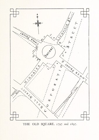 Map showing the square in 1797 and 1897, from Memorials of the Old Square, by Joseph Hill (1897) Old Square, Birmingham 1797 + 1897.jpg