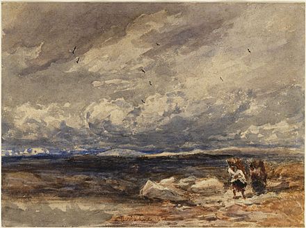 On Carrington Moss, 1851, David Cox, shows individuals gathering material for besoms.