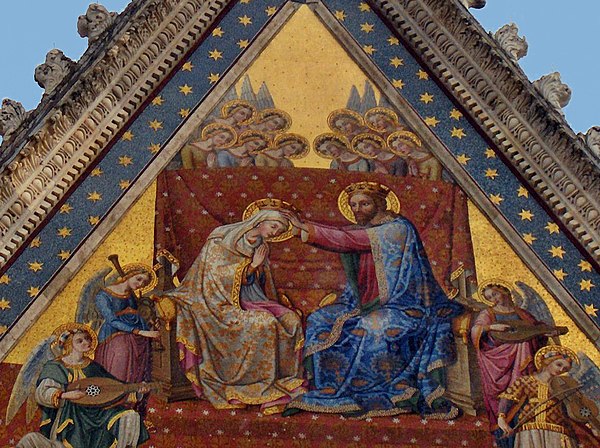 Coronation of the Virgin mosaic on the top gable of the cathedral