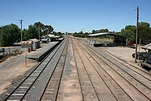 Station view looking towards Melbourne from the pedestrian overpass in January 2012 Ouyen looking up 1.JPG