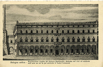18th Century reconstruction of the Bentivoglio Palace in Bologna, destroyed in 1507 Palazzo Bentivoglio.jpg