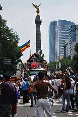 The 2009 LGBT Pride parade in Mexico City. The first parade, in 1979 (also known as LGBT Pride March), attracted over 1,000 marchers. ParadeAtAngelMarchaDF.JPG