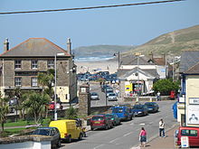 Perranporth town centre, with the beach in the background