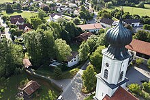 Auf der Wörther Stufe liegende Flossinger Pfarrkirche und darunter auf der Niederndorfer Stufe liegendes Mühlenanwesen und Landmaschinenwerkstätte