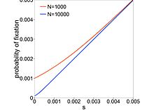 The probability of fixation of beneficial mutations is fairly insensitive to N. Note that larger populations have more beneficial mutations (not illustrated). Pfix of beneficial mutations.jpg