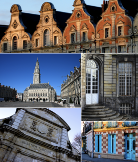 Во насока на стрелките на часовникот од горе: Низа градски куќи во фламански барокен стил, Опатијата Сен-Васт, шарена куќа, Цитаделата Вобан и Градското собрание со камбанаријата