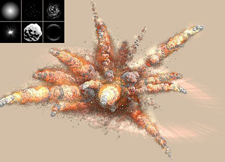 1 frame of an explosion animation done in pIllusion 3 with motion blur enabled. The upper left displays the used particle shapes (textures). Featuring the super emitter which is usually applied in emitters of firework and explosion effects. Pi-explosion.jpg