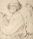 Pieter Brueghel el Viejo, El pintor y el comprador, c.1565, pluma y tinta sobre papel marrón, supuestamente un autorretrato.  Amberes