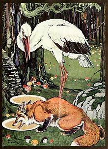 Storks feature in several of Aesop's Fables, such as The Fox and the Stork Plate facing page 52, An Argosy of Fables.jpg