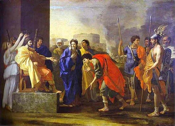 Nicolas Poussin's painting of The Continence of Scipio, depicting his return of a captured young woman to her fiancé, having refused to accept her from his troops as a prize of war