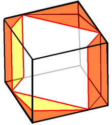 A unit cube with a hole cut through it, large enough to allow Prince Rupert's cube to pass Prince Ruperts cube.png