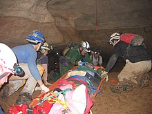 Chattanooga/Hamilton County Cave Rescue Team transporting an injured caver with a dislocated ankle Raccoon Mtn 01.jpg