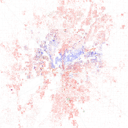 Map of racial distribution in Indianapolis, 2010 U.S. Census. Each dot is 25 people: .mw-parser-output .legend{page-break-inside:avoid;break-inside:avoid-column}.mw-parser-output .legend-color{display:inline-block;min-width:1.25em;height:1.25em;line-height:1.25;margin:1px 0;text-align:center;border:1px solid black;background-color:transparent;color:black}.mw-parser-output .legend-text{}⬤ White ⬤ Black ⬤ Asian ⬤ Hispanic ⬤ Other