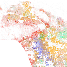 Map of racial and ethnic distribution in Los Angeles, 2010 U.S. Census. Each dot is 25 people:
.mw-parser-output .legend{page-break-inside:avoid;break-inside:avoid-column}.mw-parser-output .legend-color{display:inline-block;min-width:1.25em;height:1.25em;line-height:1.25;margin:1px 0;text-align:center;border:1px solid black;background-color:transparent;color:black}.mw-parser-output .legend-text{}
 White
 Black
 Asian
 Hispanic
 Other Race and ethnicity 2010- Los Angeles (5560490330).png