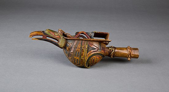 "Raven rattle", a rattle used by the Tlingit people of indigenous people from Cascadia. This image is provided by the Bowers Museum.