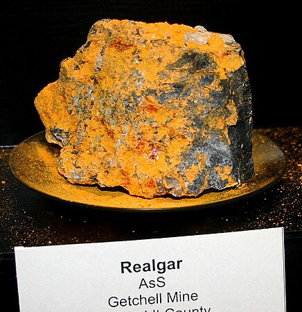Realgar, an arsenic sulfide mineral 1.5-2.5 Mohs hardness, is highly toxic. It was used since ancient times until the 19th century to make red-orange pigment, as a poison, and a medicine.