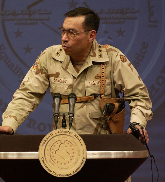 Sanchez speaking at a Baghdad press conference in September 2003.