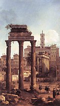 Rome: Ruins of the Forum, Looking Towards the Capitol (1742) by Canaletto, showing the remains of the Temple of Castor and Pollux
