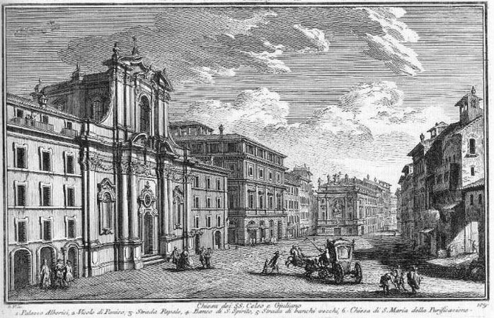 Gravura de Giuseppe Vasi em 1756. Ao lado, depois de uma viela, o Palazzo Alberini. No fundo, o Palazzo della Zecca vecchia.
