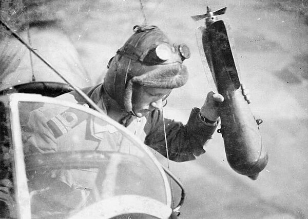 RNAS officer dropping a bomb from a SSZ class airship during the First World War.