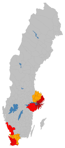 Counties with the largest shares of noble tax-exempted land possession. Different colors for different counties. Red: >50%, orange: 40-50% SWE-18th ct counties with most tax-exempted land.svg