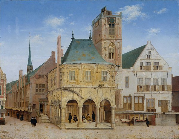 The old town hall in Amsterdam with the Wisselbank to the right of the tower. Painting by Pieter Saenredam