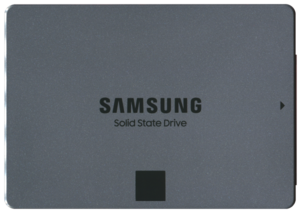 A grey SSD with the text Samsung Solid State Drive