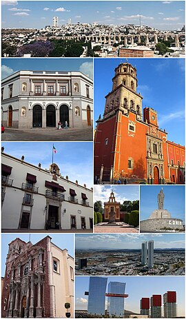 De cima para baixo, da esquerda para a direita: Vista panorâmica do Aqueduto de Querétaro, Teatro da República, Casa de la Corregidora, Templo de São Francisco de Asís, no centro histórico, Capela de Maximiliano de Habsburgo no Cerro de las Campanas , a estátua de Conín, a Catedral de Querétaro, a área de Juriquilla e o complexo do Central Park.