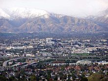 Even after the snow melts in San Bernardino, the San Bernardino Mountains in the background retain the snow. Sb 2004 dt snowskyline 003a.jpg