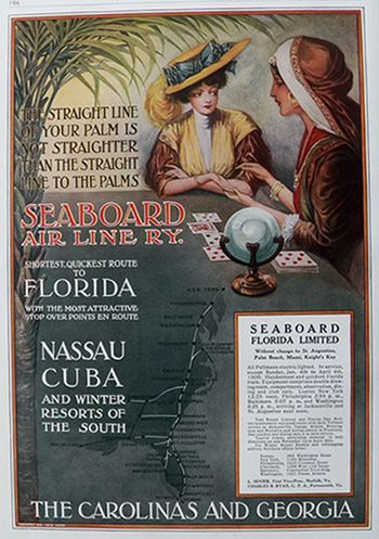 "The straight line of your palm is not straighter than the straight line to the palms": another advertisement for the Seaboard Air Line's "shortest, quickest route to Florida", 1908. Seaboard straight line of your palm ad.jpg