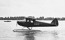 Piper J-4A Cub Seaplane (owned by Garland Manufacturing Company) on the Detroit River in 1946. Seaplane owned by Garland Manufacturing Company on the Detroit River (1946).jpg