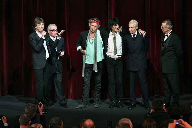 From left to right: Mick Jagger, Martin Scorsese, Keith Richards, Ron Wood, Charlie Watts and Berlinale director Dieter Kosslick before the world prem