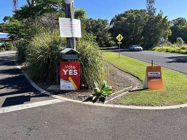 Lawn signs outside a polling station for the October 2023 constitutional referendum on establishing a Voice to Parliament for Australia's Aboriginal a