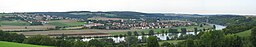 Sinzing view. Danube. Blick auf Sinzing von der Pentlinger Seite. Rechts die Sinzinger Autobahnbrücke A3, dahinter die Sinzinger Eisenbahnbrücke, im V...