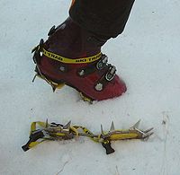 Crampon for a skiing boot. Aluminium-made crampon with twelve points and equipted with antiboot