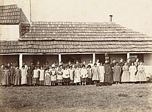 St. Mary's Mission in Kansas was founded in 1847 to convert and assimilate Potawatomi children St. Mary's Mission, Kansas, Pottawatamie Indian School, 90 miles west of Missouri River. (Boston Public Library) (cropped 2).jpg