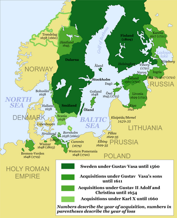 The Swedish Empire following the Treaty of Roskilde of 1658 Swedish Empire (1560-1815) en2.png