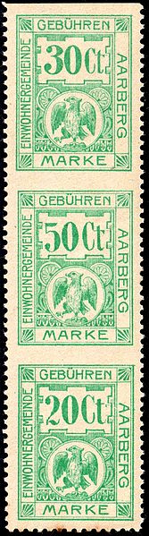 File:Switzerland Aarberg 1904 revenue 30C - 50C - 20C se-tenant.jpg