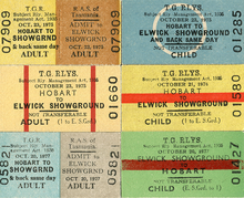 Typical designs of TGR railway tickets. These examples were used exclusively on special trains for the Royal Hobart Show and some include admission stubs. TGR Rail tickets.png
