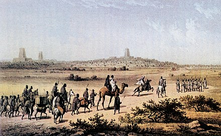 Heinrich Barth approaching Timbuktu on September 7, 1853, as depicted by Martin Bernatz.