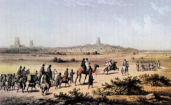 Heinrich Barth approaching Timbuktu on 7 September 1853 as depicted by Martin Bernatz.